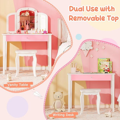 Costzon Kids Vanity, Girls Vanity Set with Mirror and Stool and Lights, Storage Drawer, Princess Toddler Makeup Vanity Desk Dressing Table, Wooden Kids Vanity Table and Chair Set (White)