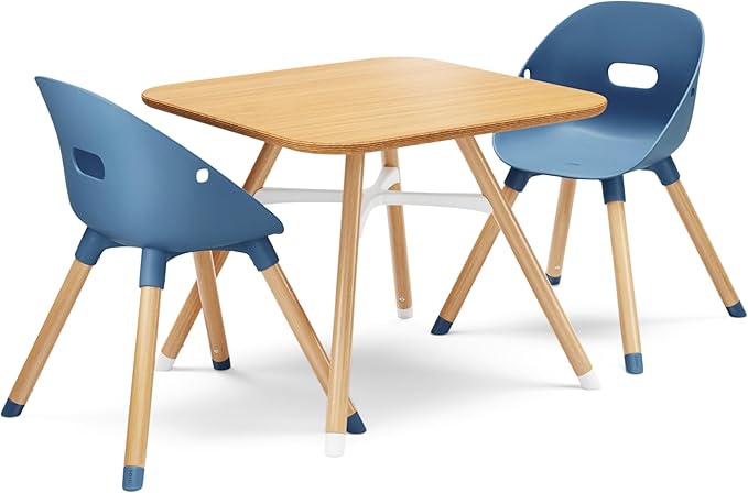 Lalo The Play Kit - Kids Table & Chairs Set with Sustainably Sourced Wood Table & 2 Non-Toxic Bucket Seat Chairs - Safe & Comfortable - Natural/Blueberry