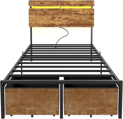 Forestell Twin Bed Frames with Wood Headboard, Metal Platform Bed with 2 Storage Drawers & Shelf, Built in Charging Station & LED Lights, No Box Spring Needed, Vintage Brown, Camas Twin Size