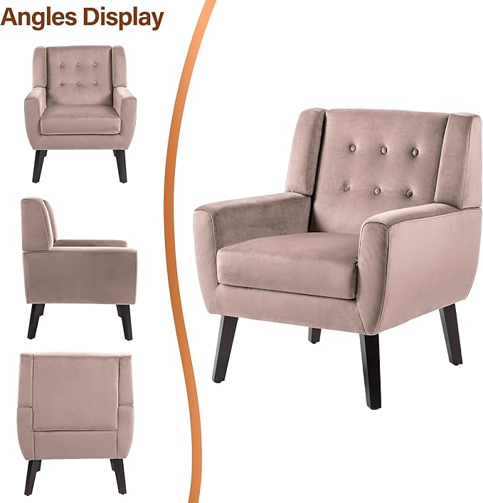 Lumibee Accent Chair, Modern Velevet Armchair for Living Room, Comfy Upholstered Arm Chair Tufted for Indoor Bedroom Office Room (Pink Velvet)