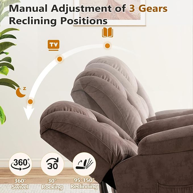 ANJ 2PCS Oversized Rocker Recliner Chairs Set, Manual 360° Swivel Recliners, Comfy Glider Rocking Chairs for Big Man, Extra Wide Overstuffed Reclining Chairs with Side Pocket for Living Room, Camel