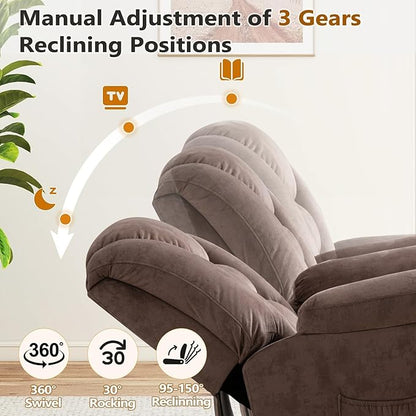 ANJ 2PCS Oversized Rocker Recliner Chairs Set, Manual 360° Swivel Recliners, Comfy Glider Rocking Chairs for Big Man, Extra Wide Overstuffed Reclining Chairs with Side Pocket for Living Room, Camel