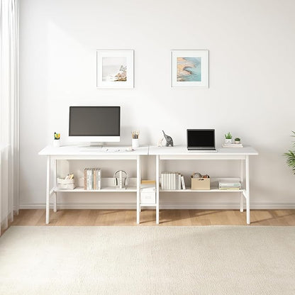 2-Person Writing Desk with Bookshelf - 94" Wooden Extra Long Home Office Work Table, Double Study Computer Workstation with Storage Shelves in White, 94" W x 24" D