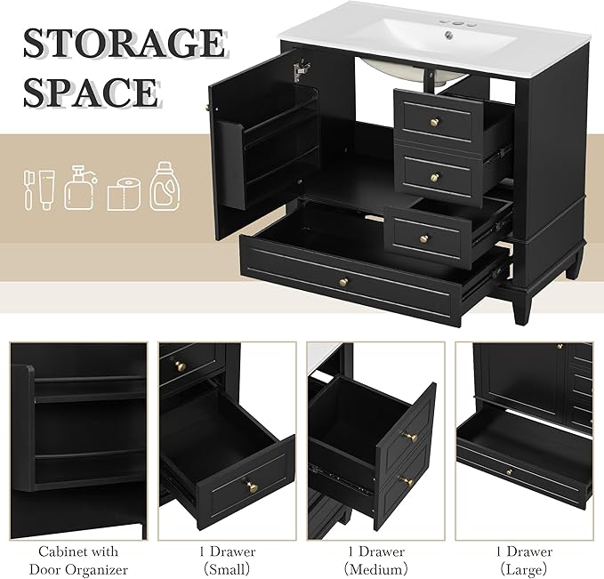 36 Inch Bathroom Vanity with Sink Set, Undermount Vanity Sink Cabinet with 3 Drawers and Door Storage, Soft Closing Door, Wood Frame, Black