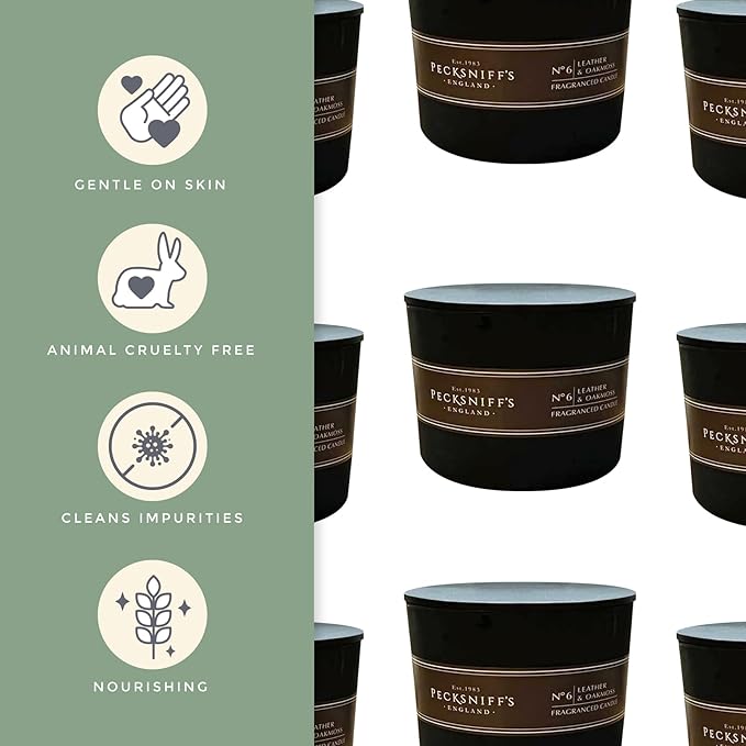 Pecksniffs Black Tall Leather & Oakmoss Scented Candle | 3 Wicks, 283g/9.9oz