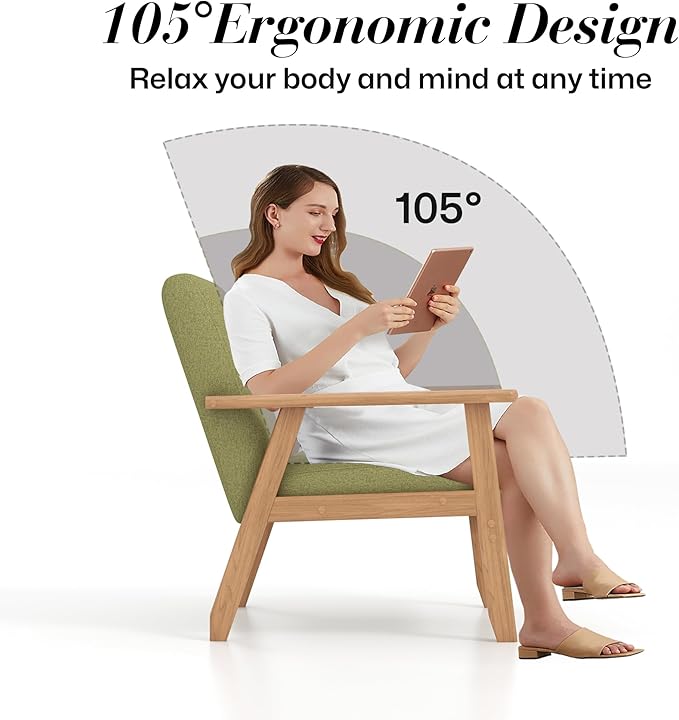 KCC Mid-Century Modern Linen Fabric Accent Chair, Upholstered Leisure Chair Comfy Reading Side Chair with Armrest and Solid Wood Frame for Living Room Bedroom Balcony(Green)