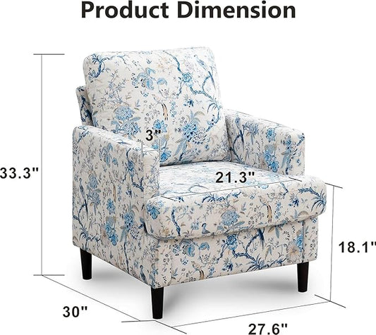 Mid-Century Accent Chair,Modern Linen Fabric Armchair for Living Room,Comfy Upholstered Reading Accent Chairs for Bedroom,Single Sofa Chair with Wood Legs (Blue Flowered Bird, 1 Pack)