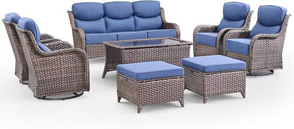 Swivel Patio Chairs sofa Set of 8 with 6" Thick Cushion - Wicker Outdoor Swivel Rocker Patio Chair ,Sofa/Glass coffee table, High Back Comfortable Outdoor Glider Chairs - Brown Wicker - Blue Cushions