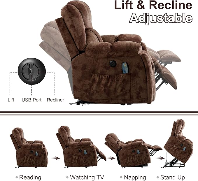 Bonzy Home Power Lift Recliner Chair with Massage and Heating, Lift Chairs Recliner for Elderly, Upholstered Comfy Power Lift Chair with 2 Hidden Cup Holders, Side Pockets, USB Port, Brown