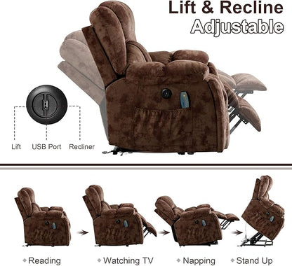 Bonzy Home Power Lift Recliner Chair with Massage and Heating, Lift Chairs Recliner for Elderly, Upholstered Comfy Power Lift Chair with 2 Hidden Cup Holders, Side Pockets, USB Port, Brown