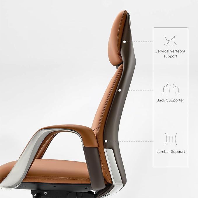 EUREKA ERGONOMIC Serene Executive Office Chair Genuine Leather Office Chair, Modern Executive Chair 135° Back Support Comfy Desk Chair with Arms & Aluminum Base for Home-Brown