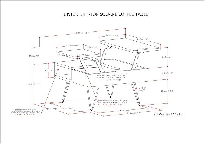 SIMPLIHOME Hunter Lift Top Coffee Table - 32 inch Wide Solid Mango Wood Industrial Square Cocktail Table in Umber Brown, Living Room Table with Dual Lift Tops, Hidden Storage and Gold Hairpin Legs