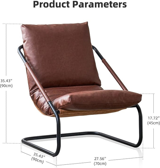 27.56-inch Wide Comfortable Living Room Armchair，Vintage-Style Lounge Chair，with deep Brown Leather Cushion and Metal Frame.