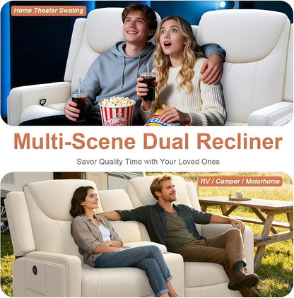 Loveseat Recliner Sofa, Beige PU Leather Double Recliner Loveseat with Console, Cup Holders, Storage & USB Ports, Ergonomics，Manual Reclining Sofa Couch for Living Room, RV