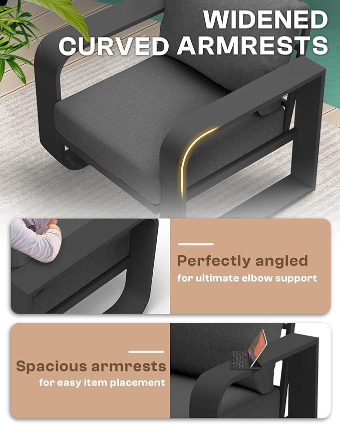 Aluminum Outdoor Patio Furniture Set 5 Piece, Oversized Patio Conversation Sets Widened Armrest & Ultra-Thick Cushions, Deep Seating Modern Sectional Furniture for Backyard, Porch, Graphite