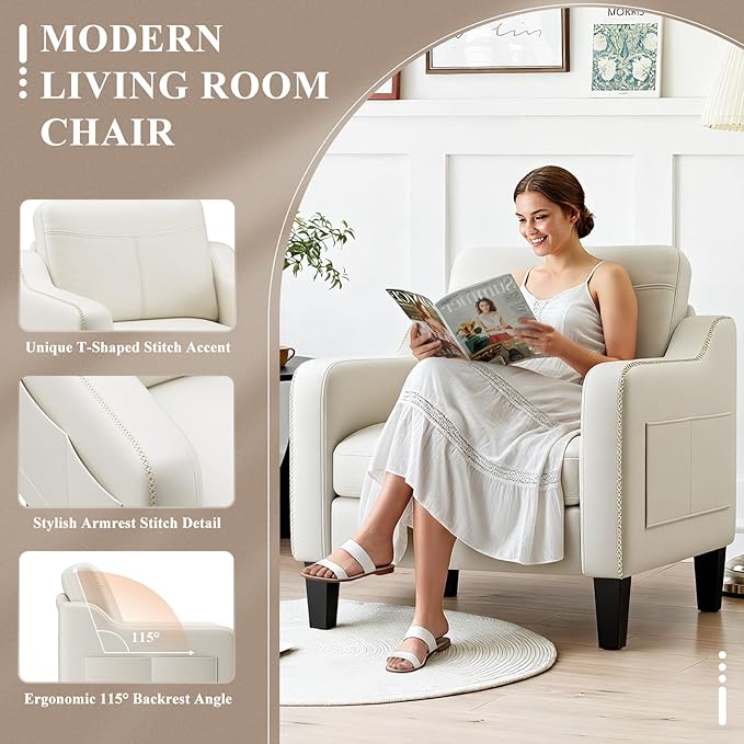 PU Leather Accent Chair, Mid-Century Modern Living Room Armchair Sofa with Removable Cushions, Solid Wood Frame & Stitched Armrest Design, Bedroom Chair with Plastic Legs, Beige