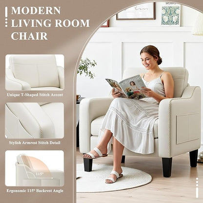PU Leather Accent Chair, Mid-Century Modern Living Room Armchair Sofa with Removable Cushions, Solid Wood Frame & Stitched Armrest Design, Bedroom Chair with Plastic Legs, Beige
