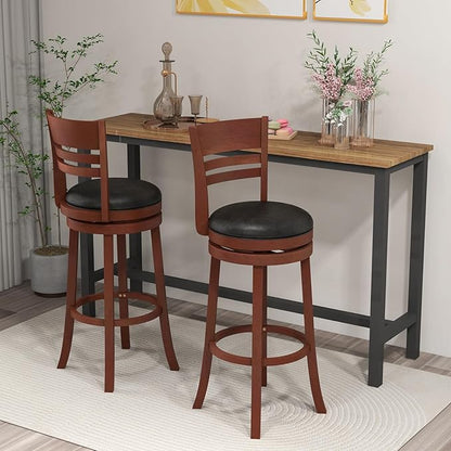 COSTWAY Bar Stools, 360-Degree Swivel Bar Chairs with PU Upholstered Seats, Solid Rubber Wood Backrests, Footrests & Legs, Bar Height Stools with Backs for Kitchen, Bar, Brown (2)