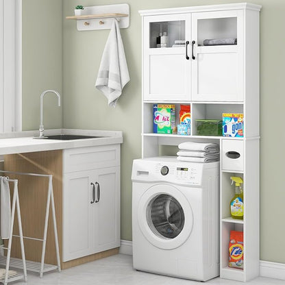 Vabches Freestanding Toilet Storage Cabinet with Double Doors, Shelf Space Saver, Anti-Tip Design & Adjustable Shelf, White