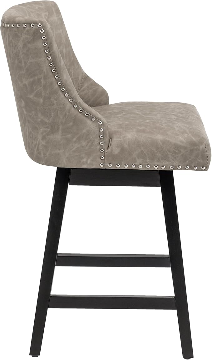 Bar Stool, PU Leather Barstool, 26 Inch Upholstered Counter Stools with 13.8" High Back and Footrest, Swivel Counter Height Barstools for Kitchen Island Home Bar Greige