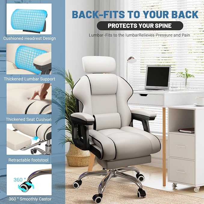 Executive Computer Chair Home Office Desk Chair,Adjustable Angle, Ergonomic Adjustable Height PU Leather Chairs with Cushions Armrest for Long Time Seating-High Office Chair with Footrest