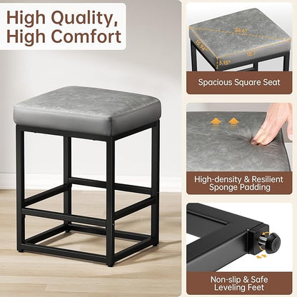 Counter Height Bar Stools Set of 3, 24" Barstools for Kitchen Countertop, Faux Leather Counter Stools with Thick Square Seats & Sturdy Metal Base, Simple Assembly, Gray