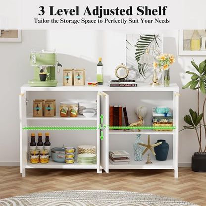 Fluted Sideboard Buffet Cabinet, 55" Large Storage Buffet Cabinet with 4 Doors and Adjustable Shelves, Modern Sideboard Console Table for Living Room,Entryway,Dinning Room,Kitchen-White