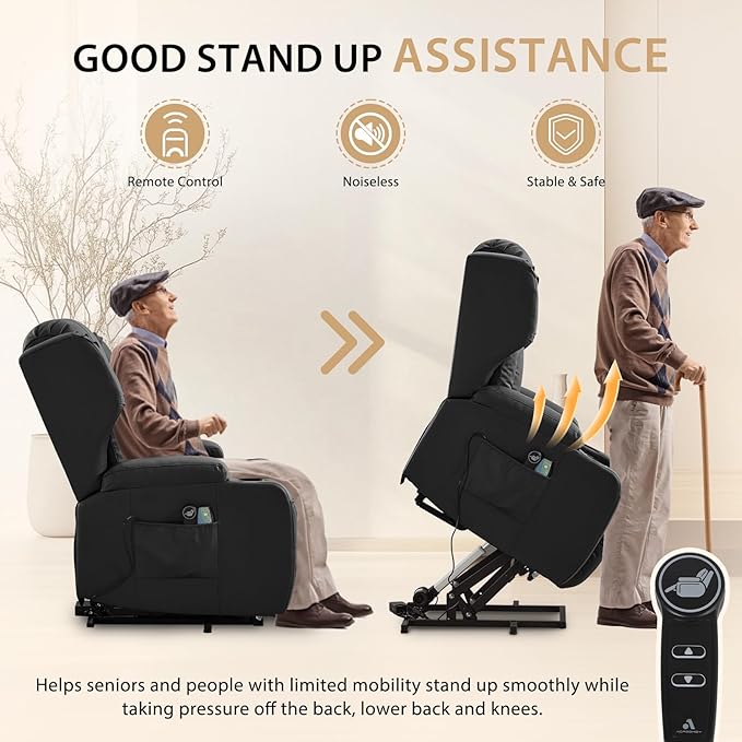 Power Lift Chair Recliner with Heat and Massage,Single Sofa Chair Recliner for Elderly,Electric Recliners Comfortable Lift Chairs for Living Room with Remote/Storage/Cup Holders/USB Port (Black)