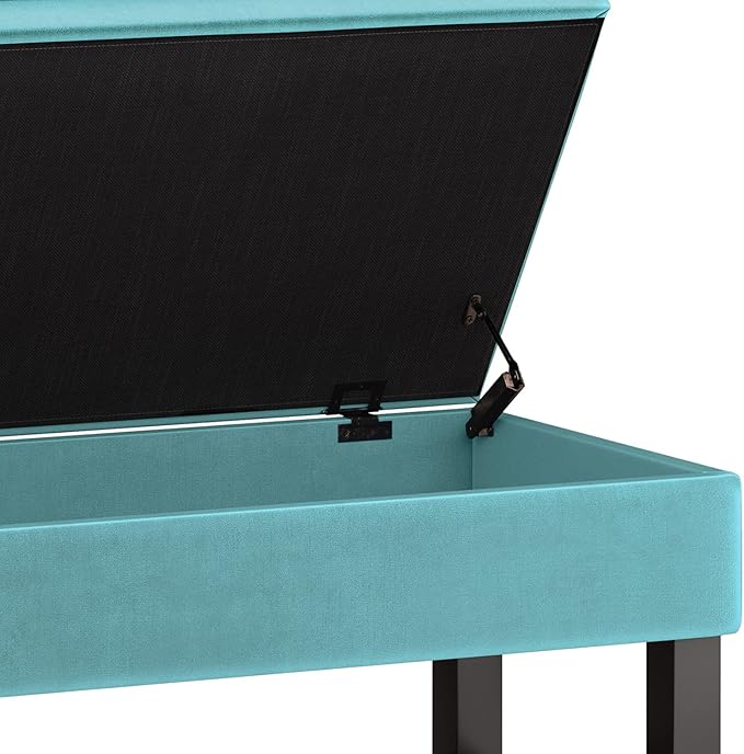 SIMPLIHOME Cosmopolitan 44 inch Wide Traditional Rectangle Storage Ottoman Bench with Open Bottom in Aqua Velvet Fabric, Assembled for the Living Room and Bedroom