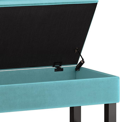 SIMPLIHOME Cosmopolitan 44 inch Wide Traditional Rectangle Storage Ottoman Bench with Open Bottom in Aqua Velvet Fabric, Assembled for the Living Room and Bedroom