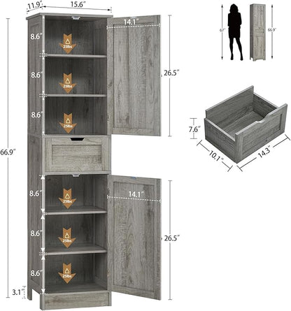 Iwell 67" Tall Bathroom Cabinet with Adjustable Shelves & 1 Drawer, Storage Cabinet with 2 Doors, Narrow Tall Cabinet, Floor Cabinet for Bathroom, Living Room, Home Office, Grey