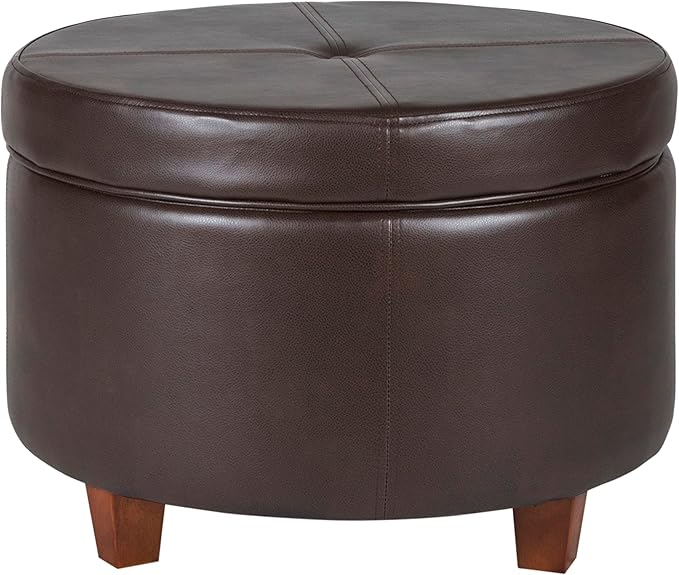 HomePop Round Leatherette Storage Ottoman with Lid, Chocolate Brown Large