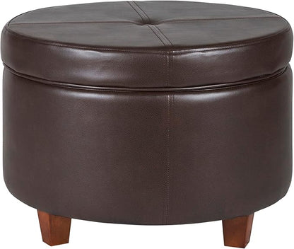 HomePop Round Leatherette Storage Ottoman with Lid, Chocolate Brown Large