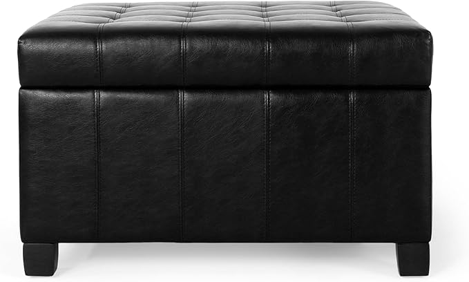 Christopher Knight Home Faux Leather Storage Ottoman Square Ottoman End of Bed Ottoman Cube for Bedroom Entryway Foot Rest Stool with Hinged Lid 30.25" x 30.25" x 18", Black
