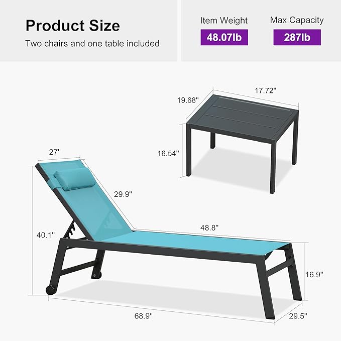 PURPLE LEAF Outdoor Oversized Lounge Chair Set of 3 Patio Chaise Pool Lounger Aluminum Frame with Side Table and Wheels for Outside Sunbathing Tanning Recliner Including Pillows Turquoise Blue