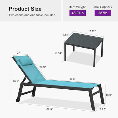 PURPLE LEAF Outdoor Oversized Lounge Chair Set of 3 Patio Chaise Pool Lounger Aluminum Frame with Side Table and Wheels for Outside Sunbathing Tanning Recliner Including Pillows Turquoise Blue