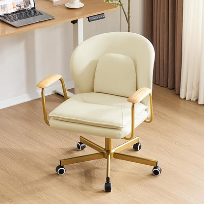 Furniliving Leather Home Office Desk Chairs，Comfy Office Chair, Adjustable Swivel Computer Chair with Golden Legs and Wooden Padded Armrest, Modern Upholstered Task Chair with Wheels,Beige