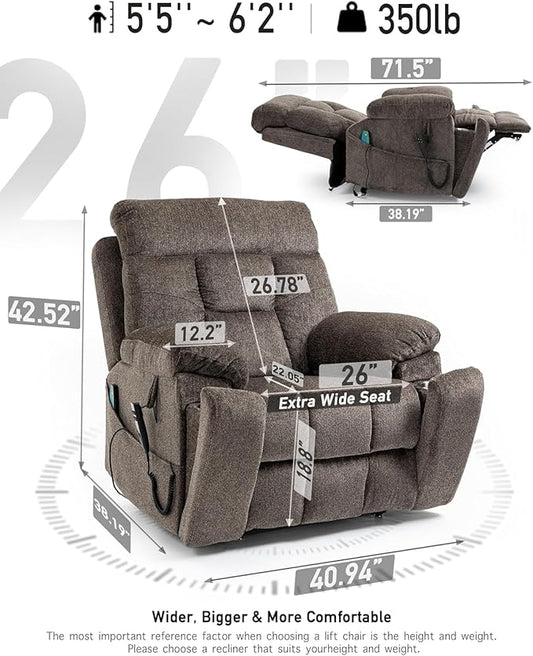 26in Extra Large Lazy Boy Recliner Chair for Tall Men Up to 6'2"/350lb Adjustment Power Lift Recliner Chair with Cupholder, Massage Chair Recliner with Lumbar Heating
