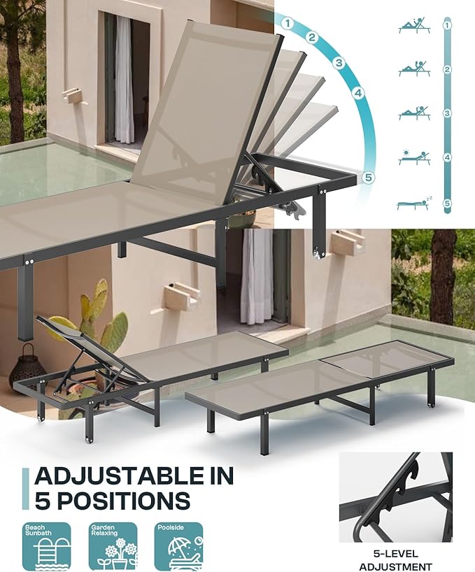 Pool Lounge Chairs, Chaise Lounge Outdoor with Wheels and 5-Position Recliner -Easy to Move- Aluminum Patio Lounge Chair for Poolside, Deck (Khaki)