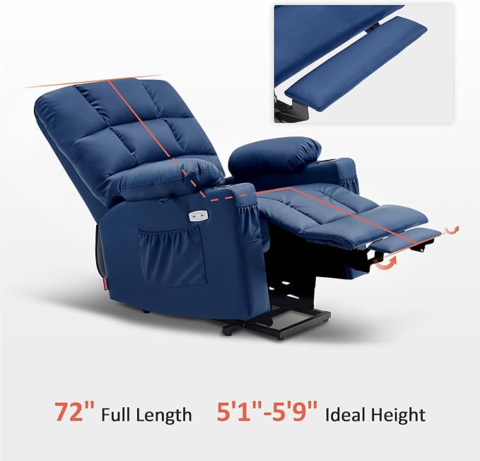 MCombo Medium Lay Flat Dual Motor Power Lift Recliner Chair Sofa with Massage and Heat for Elderly People, Infinite Position, Faux Leather 7679 (Navy Blue, Medium)