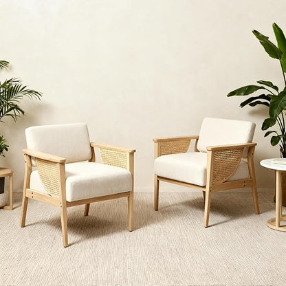 Mid Century Modern Accent Chair, Rattan Armchair with Wood Legs Living Room Chair Linen Upholstered Lounge Chair for Bedroom Reading Room, Beige