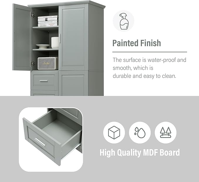 Merax 62.2" Wide Storage Cabinet Pantry Cupboard with Doors and Drawers for Home Kitchen, Bathroom and Living Room, Adjustable Shelf, White