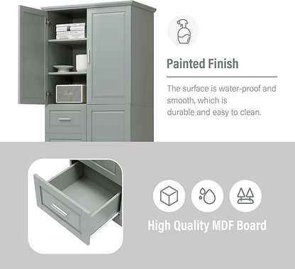 Merax 62.2" Wide Storage Cabinet Pantry Cupboard with Doors and Drawers for Home Kitchen, Bathroom and Living Room, Adjustable Shelf, White