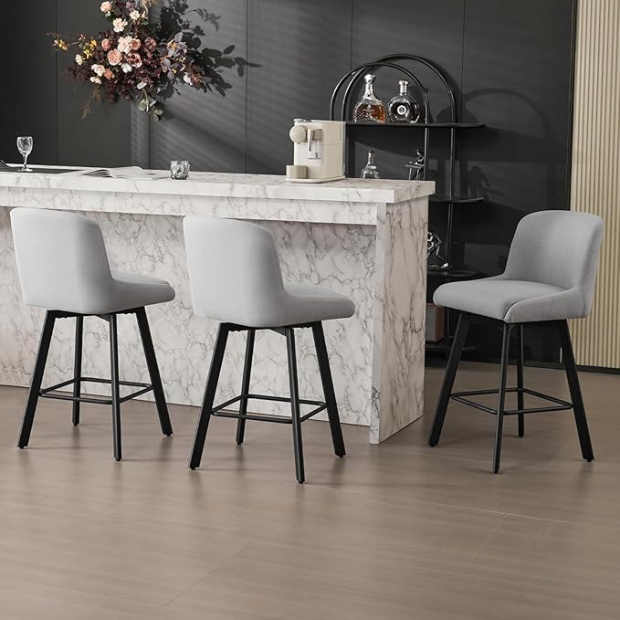 Swivel Bar Stools Set of 6, 26''H Upholstered Barstools with Backs, Modern Counter Height Bar Stool Chairs for Kitchen Island, Metal Legs, Fabric, Light Gray Counter Stools