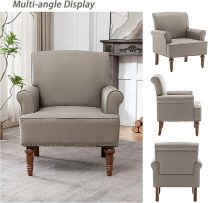 HOMEFLEX Accent Chair, Faux Leather Living Room Chairs with Nailhead Trim, Mid-Century Lounge Armchair with Solid Wood Legs, Comfy Reading Single Sofa for Bedroom, Waiting Room (Grey, 2 Chairs)