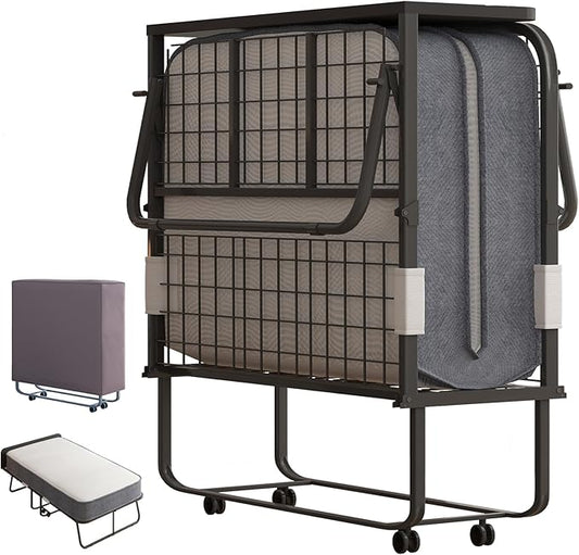 Mjkone Folding Bed with Mattress, Rollaway Bed for Adults with Headborad & Dustproof Bag, 5 Inch Portable Fold Up Bed for Guests with Casters, Foldable Frame, Space Saving for Bedroom（75" x 38"）