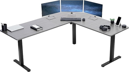 VIVO Corner Standing Desk, 75 x 63 inch Reversible L-Shaped Workstation, Electric Height Adjustment, Home, Office, and Reception Rooms, Dark Gray Table Top Black Frame, DESK-E3CTG-75