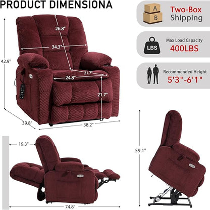 EONIX Dual Motor Wide Power Lift Recliner Chair for Elderly, Oversized Lay Flat Lift Chair with Heat and Massage and Cup Holders, 400lbs Heavy Duty Big and Tall Lift Recliner, Burgundy