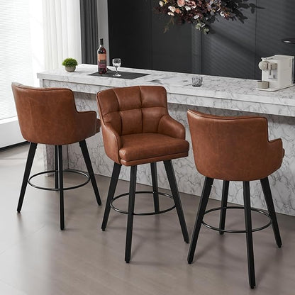 360°Swivel Counter Height Bar Stools with Back, 30 inch Solid Wood Legs, Bar Stool Modern Kitchen Island Chairs, Faux Leather (Brown- Faux Leather, 30" H- Set of 3)