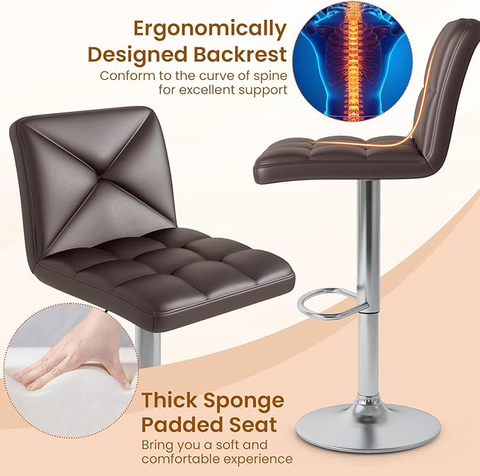 COSTWAY Bar Stools Set of 4, Modern PU Leather Swivel Bar Chairs, Height Adjustable Upholstered Barstools with Premium Gas Rod, Sturdy Footrest, Round Base, for Kitchen, Dining Room, Office,Brown